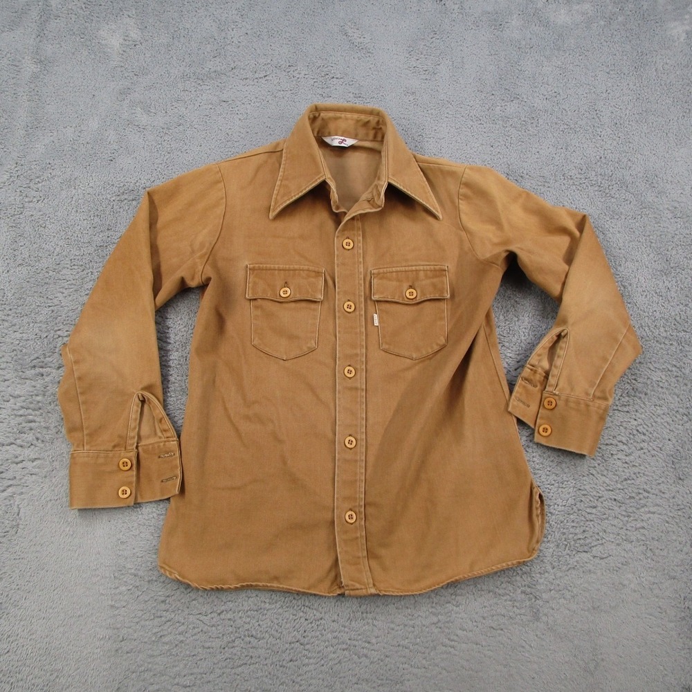 Vintage Levis Mens Tan Brown Cotton Twill Button Down Shirt 70s Style White Tab